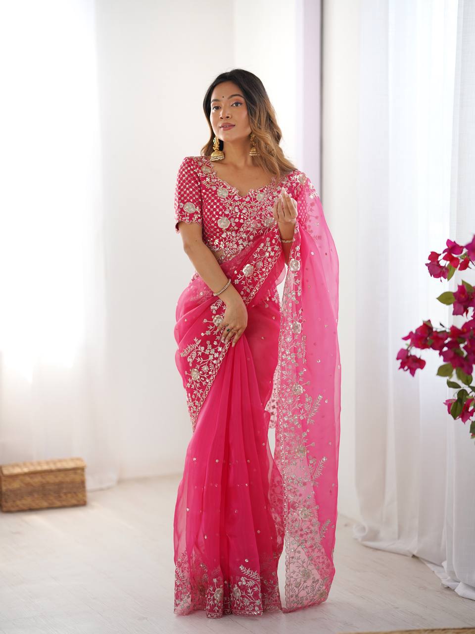 Designer Heavy Organza Silk Saree with Thread & Sequin Embroidery