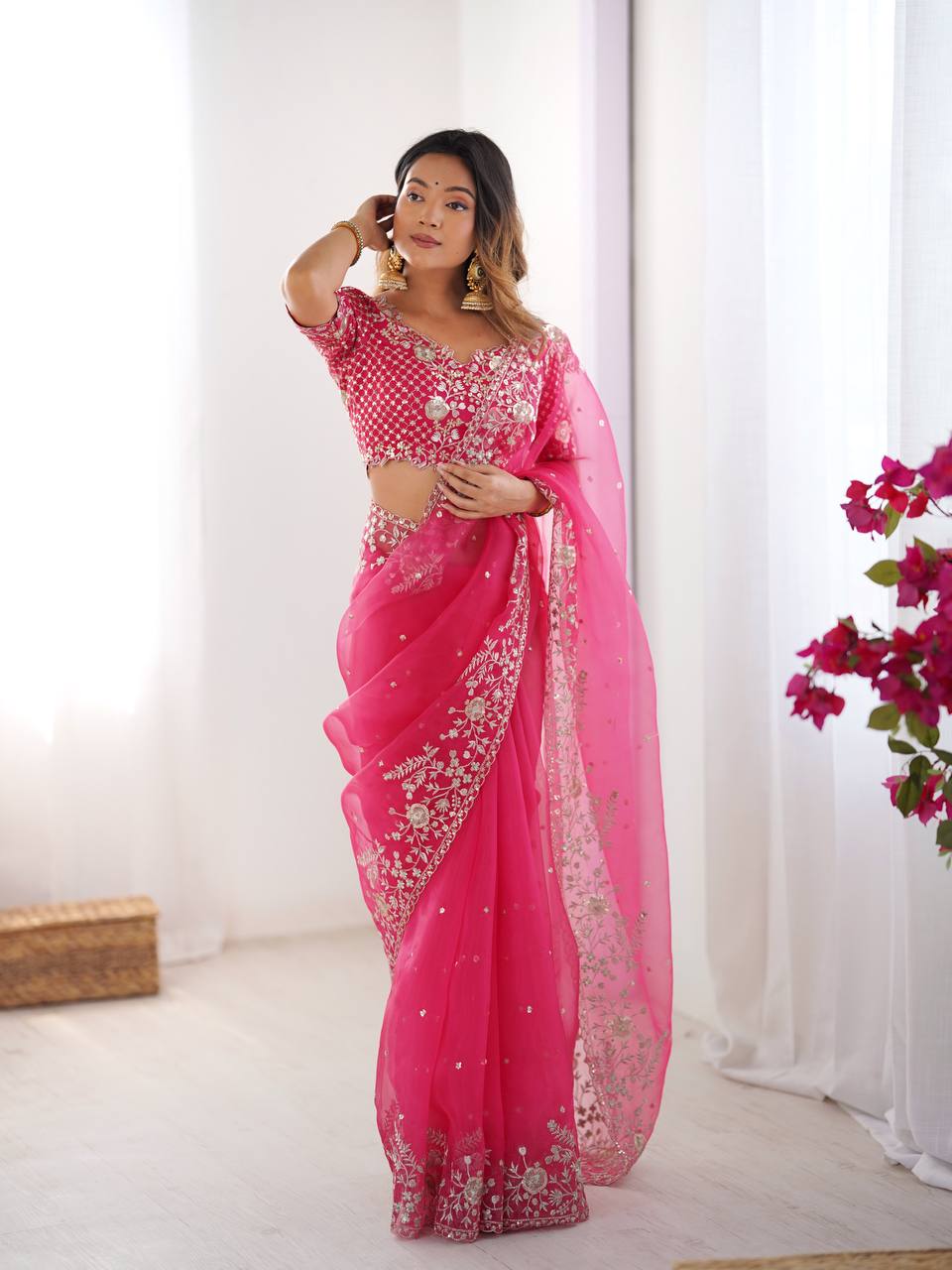 Designer Heavy Organza Silk Saree with Thread & Sequin Embroidery