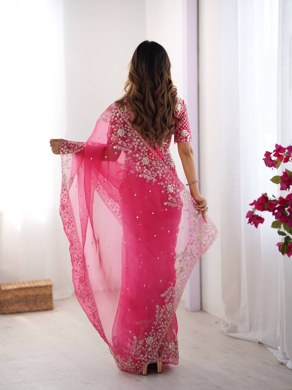 Designer Heavy Organza Silk Saree with Thread & Sequin Embroidery