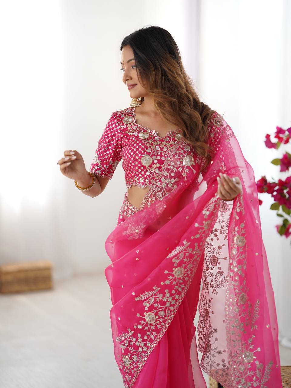 Designer Heavy Organza Silk Saree with Thread & Sequin Embroidery
