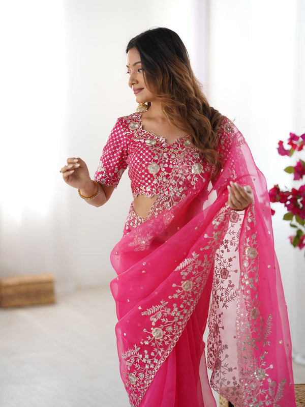 Designer Heavy Organza Silk Saree with Thread & Sequin Embroidery