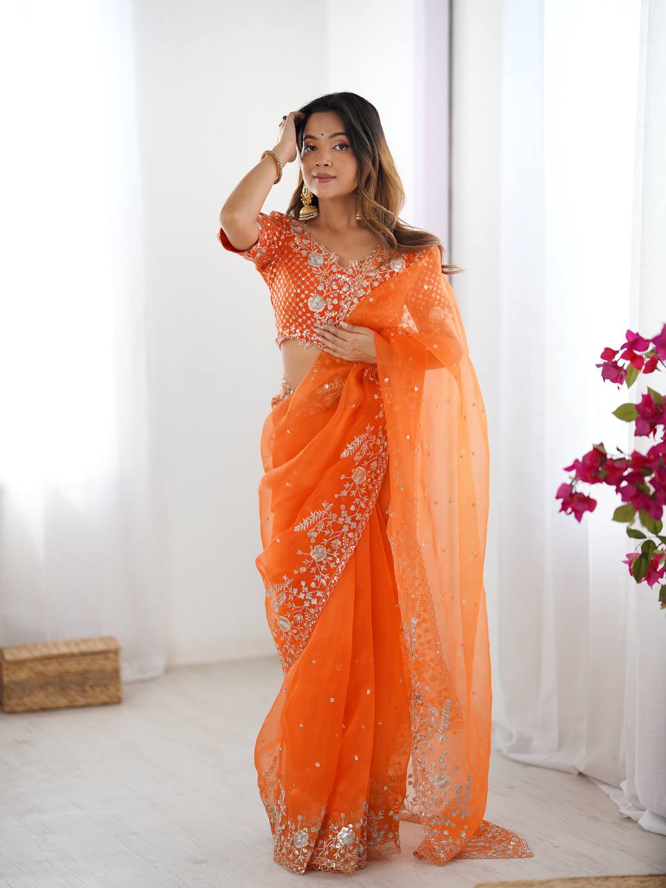 Designer Heavy Organza Silk Saree with Thread & Sequin Embroidery