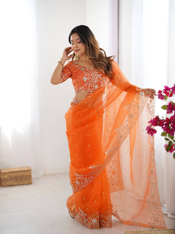 Designer Heavy Organza Silk Saree with Thread & Sequin Embroidery