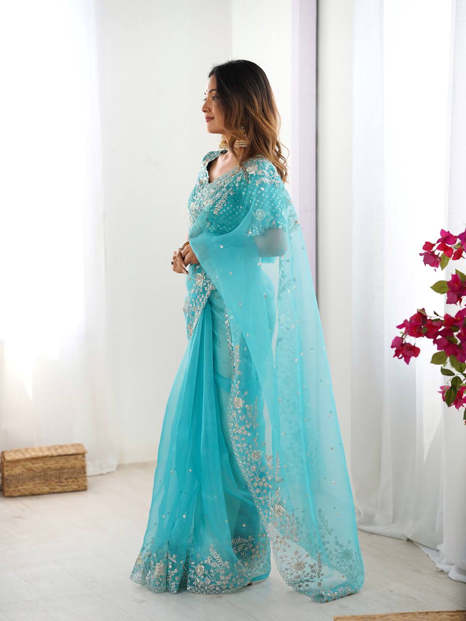 Designer Heavy Organza Silk Saree with Thread & Sequin Embroidery