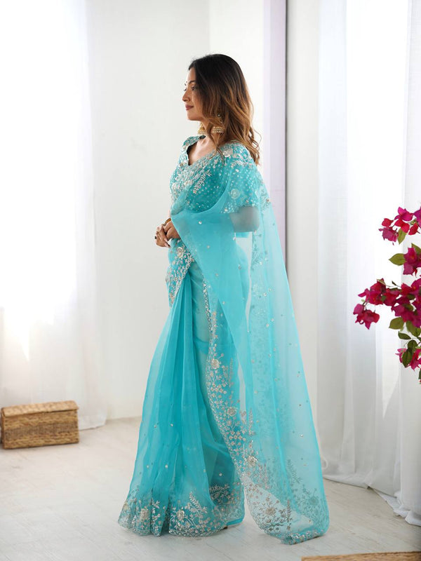 Designer Heavy Organza Silk Saree with Thread & Sequin Embroidery