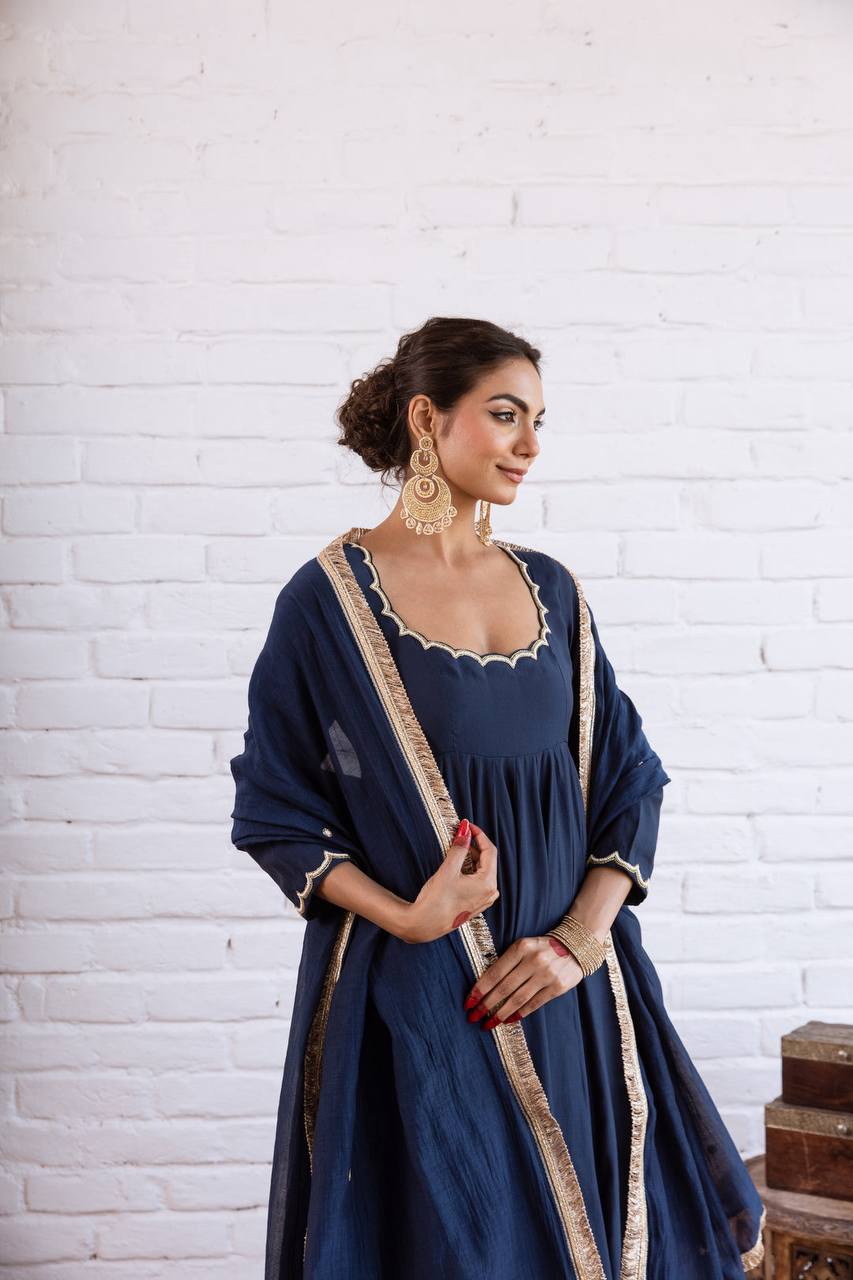 Vichitra Silk Beads Work Anarkali Gown Set