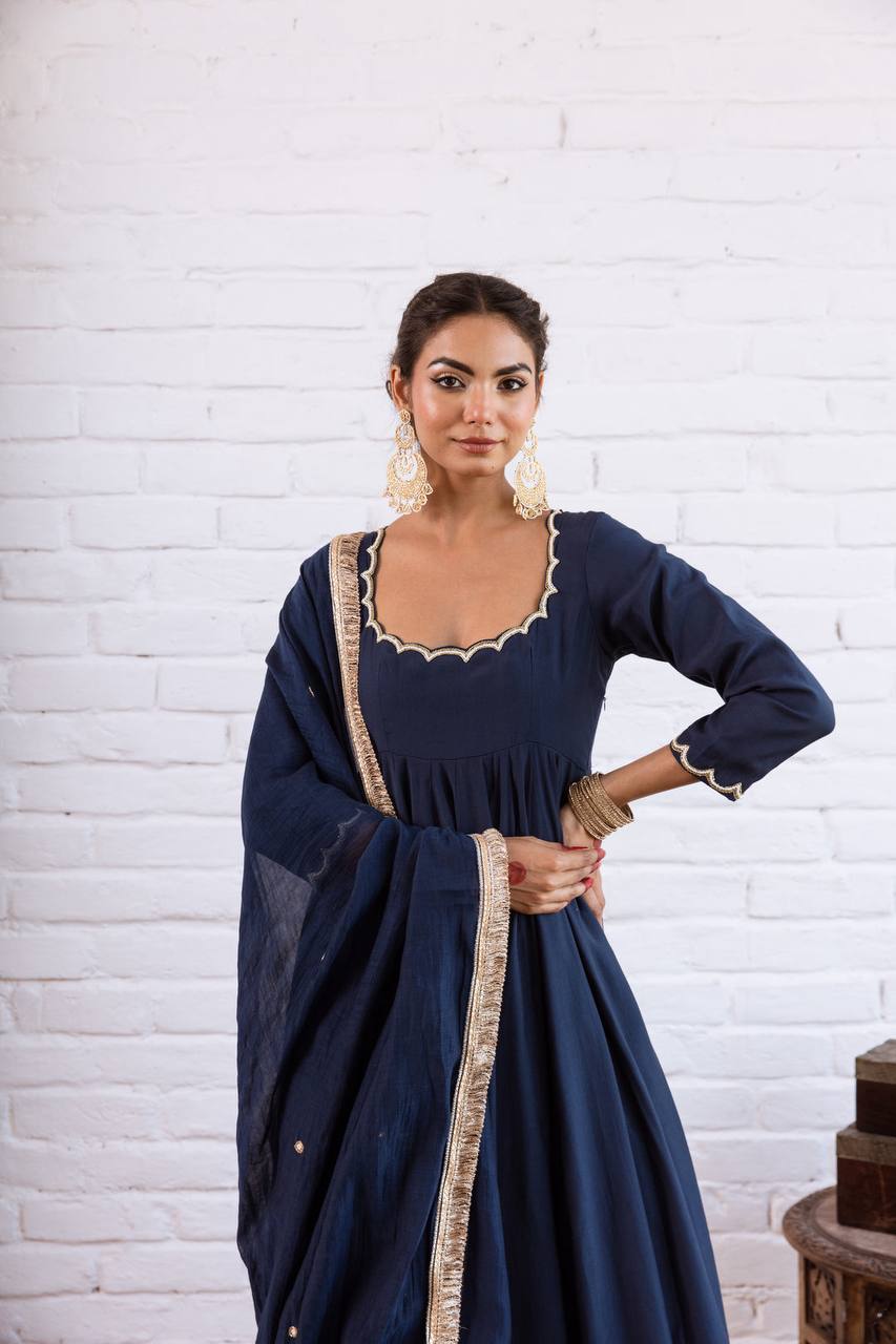 Vichitra Silk Beads Work Anarkali Gown Set