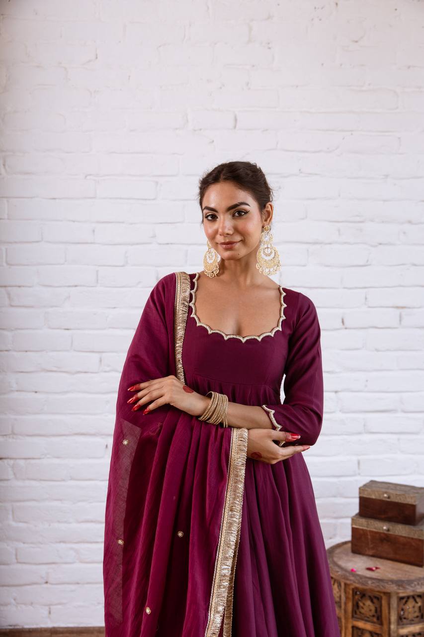 Vichitra Silk Beads Work Anarkali Gown Set