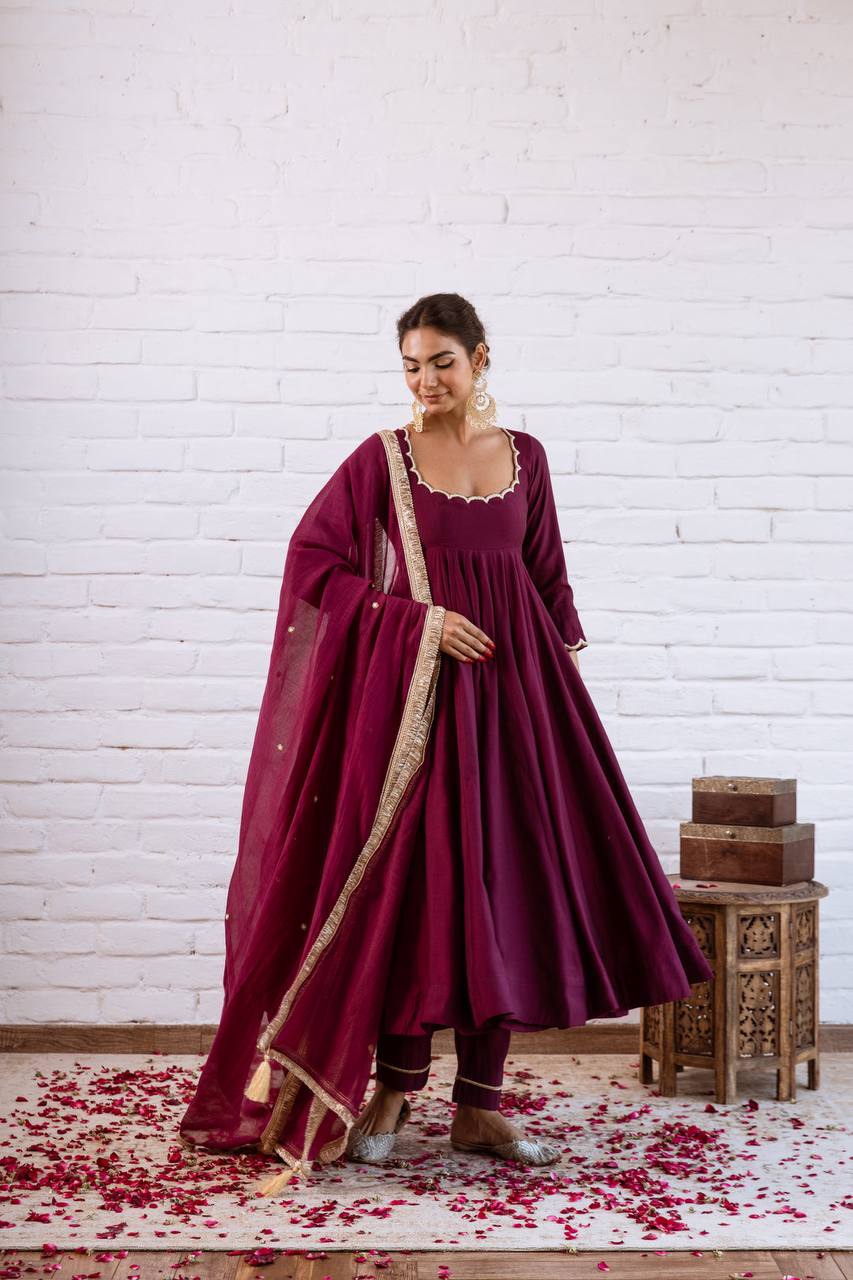 Vichitra Silk Beads Work Anarkali Gown Set