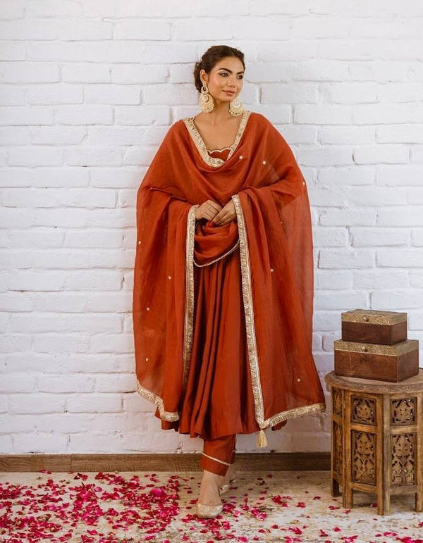 Vichitra Silk Beads Work Anarkali Gown Set