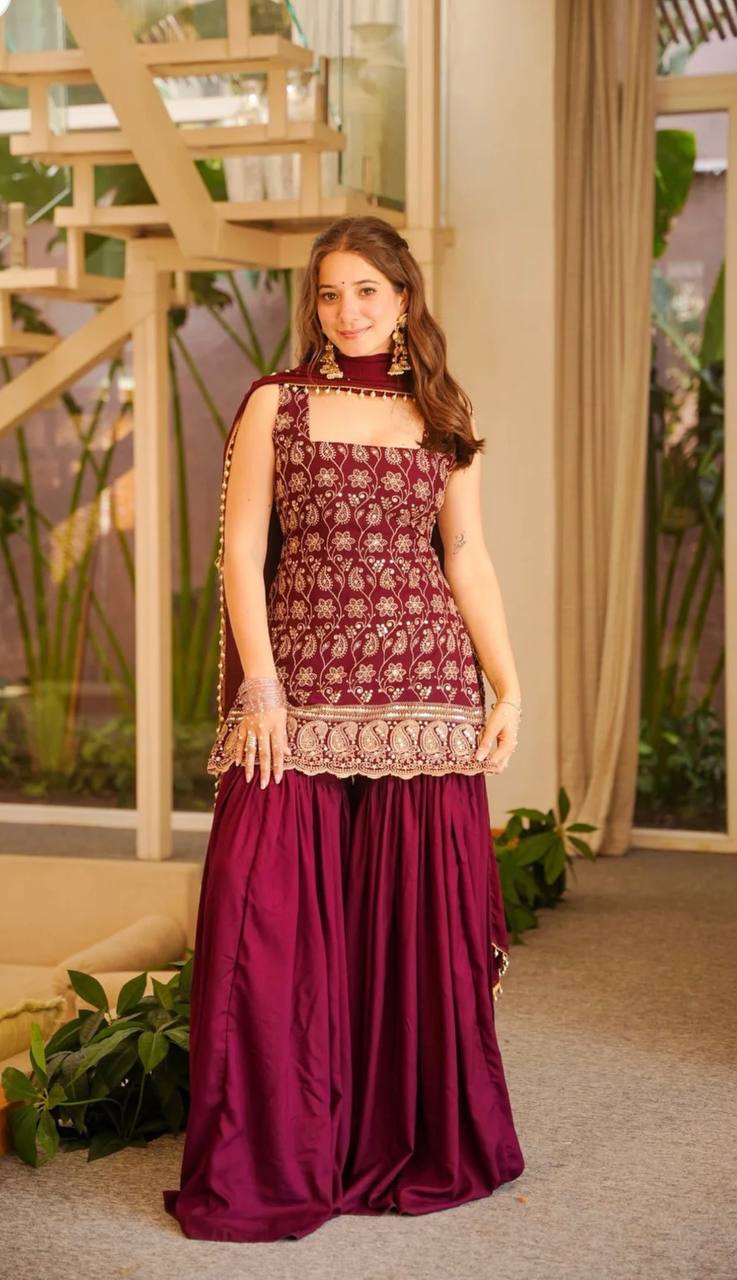Faux Georgette Sharara Set Embroidery Party Wear
