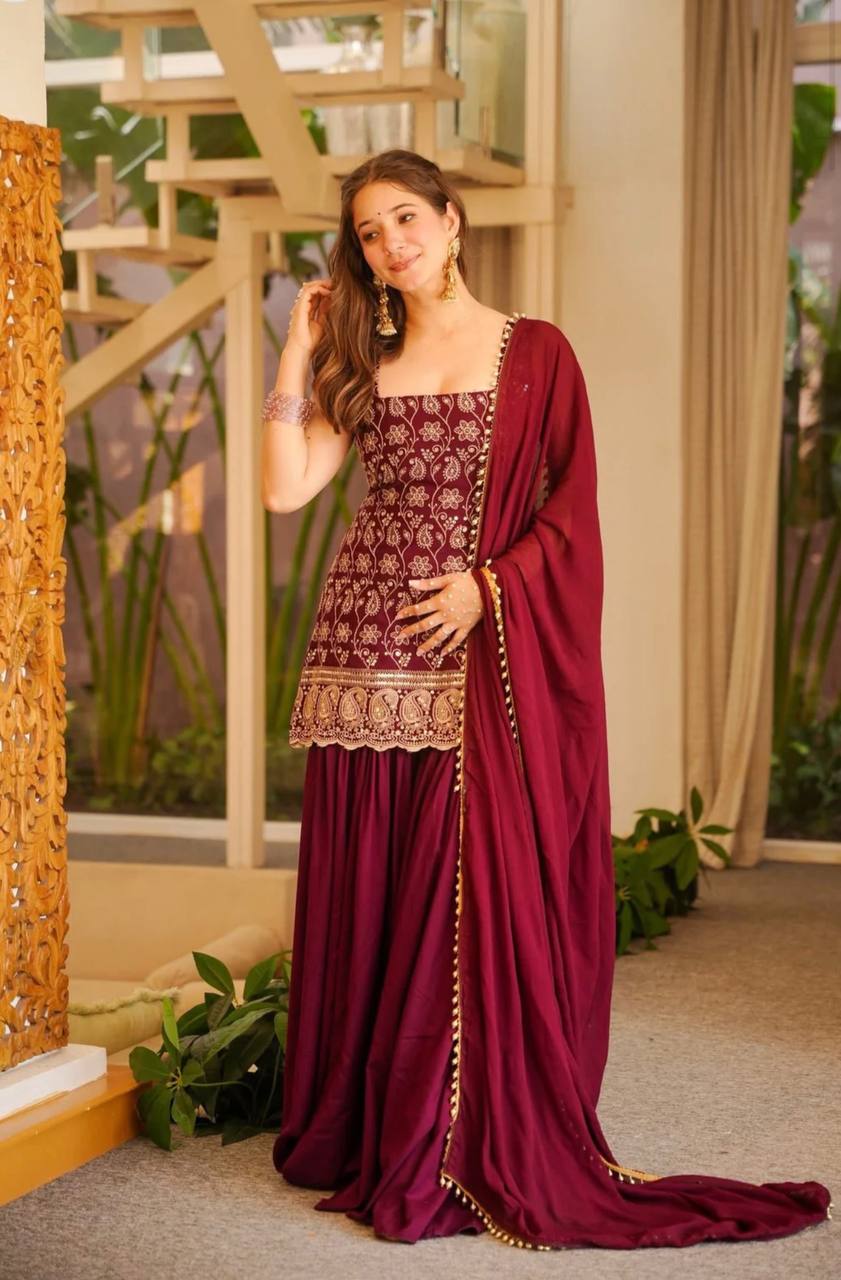 Faux Georgette Sharara Set Embroidery Party Wear