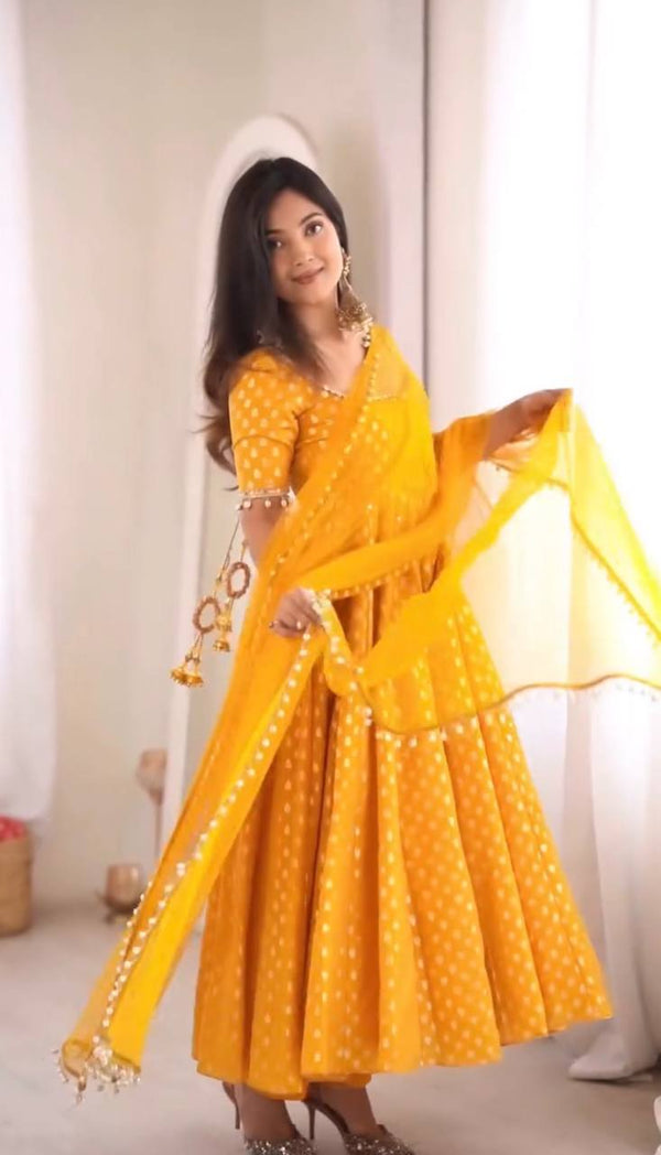 Chanderi Jacquard Gown Set Mirror Work Party Wear