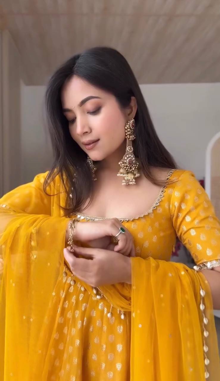 Chanderi Jacquard Gown Set Mirror Work Party Wear