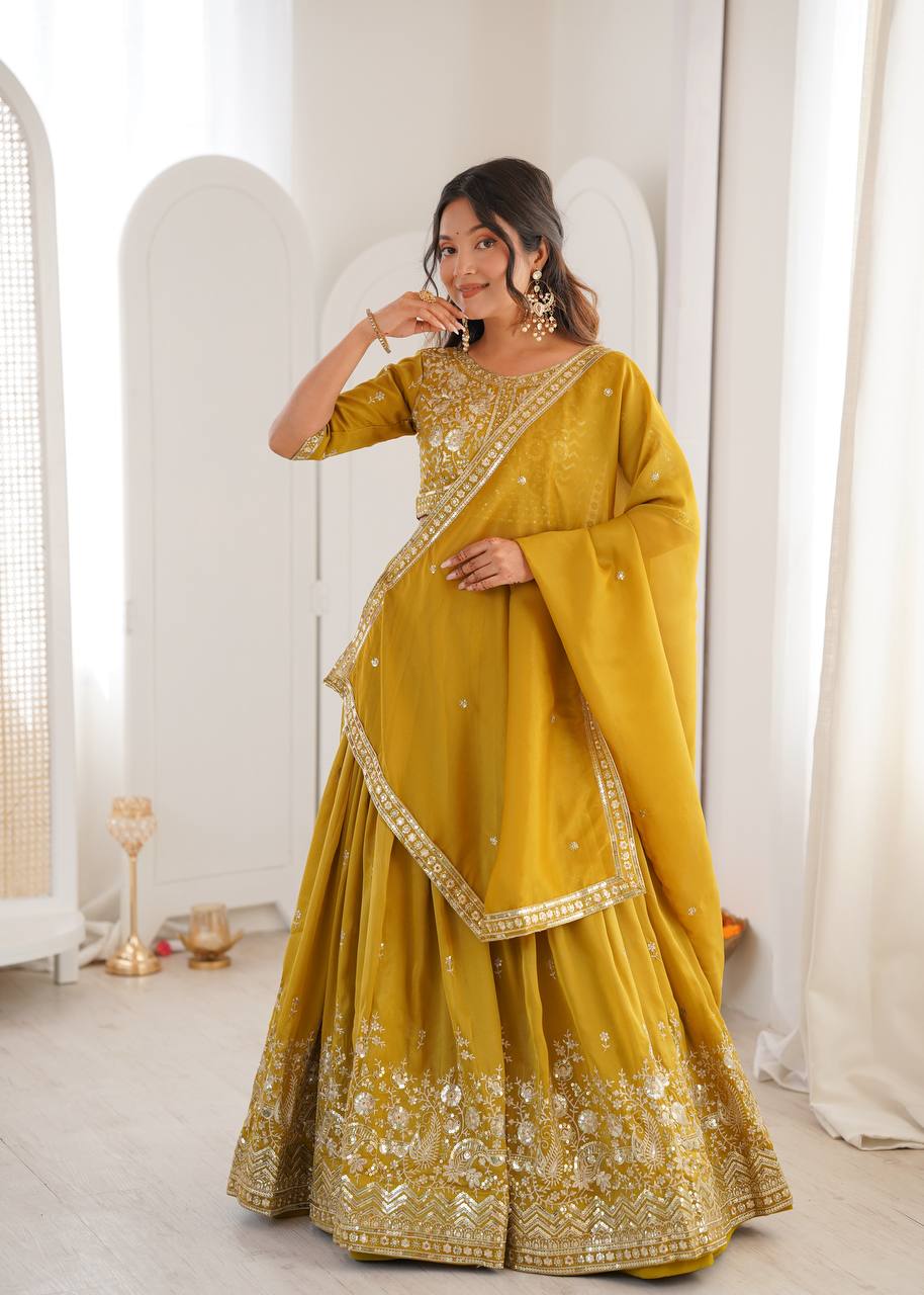 Designer Heavy Shimmer Silk Lehenga Set with Threadwork & Sequence Detailing