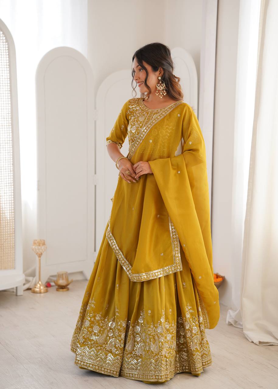 Designer Heavy Shimmer Silk Lehenga Set with Threadwork & Sequence Detailing