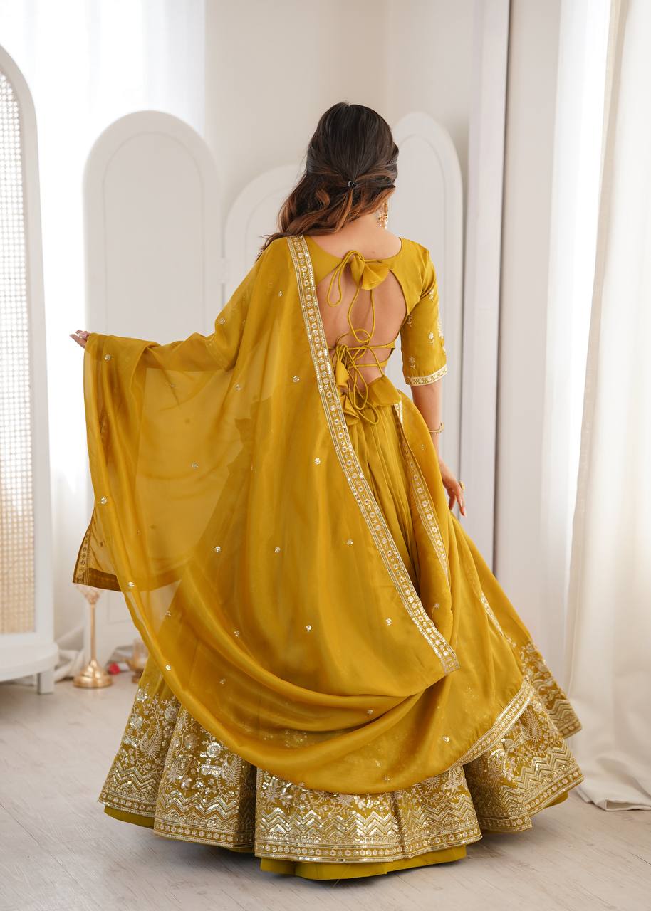 Designer Heavy Shimmer Silk Lehenga Set with Threadwork & Sequence Detailing