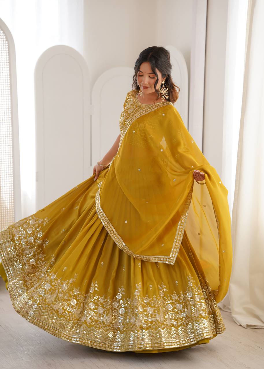 Designer Heavy Shimmer Silk Lehenga Set with Threadwork & Sequence Detailing