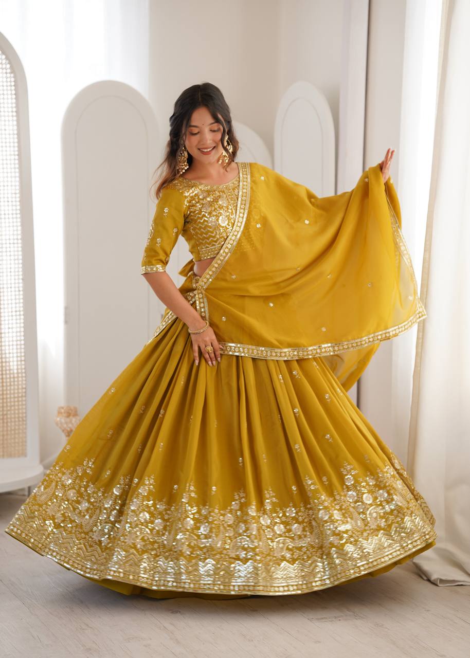 Designer Heavy Shimmer Silk Lehenga Set with Threadwork & Sequence Detailing
