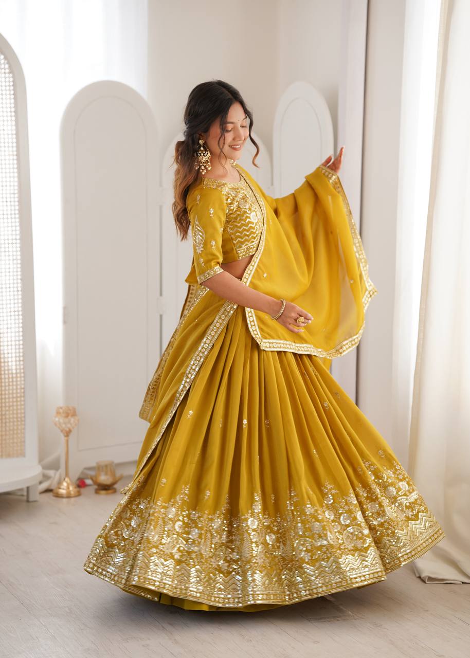 Designer Heavy Shimmer Silk Lehenga Set with Threadwork & Sequence Detailing