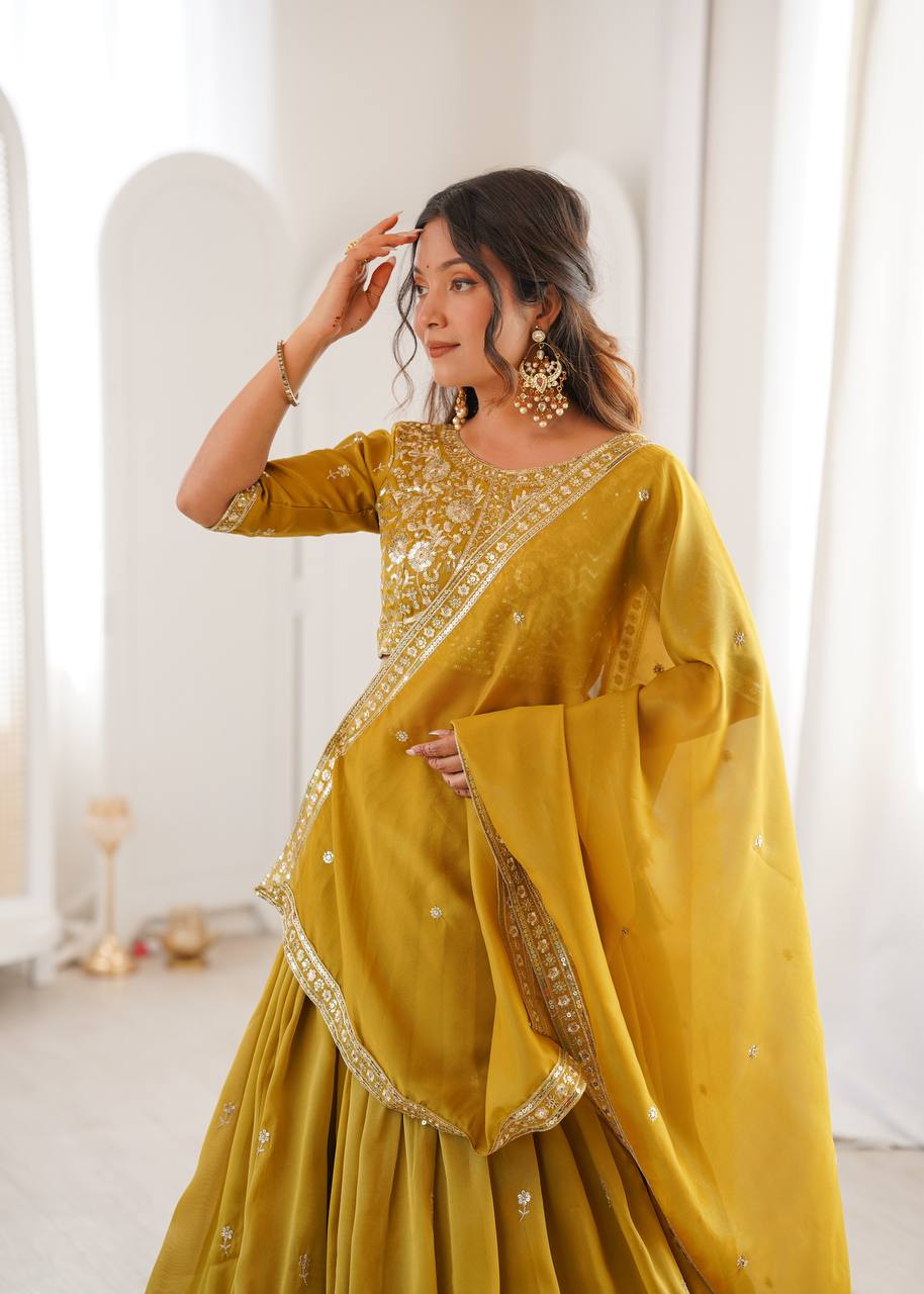 Designer Heavy Shimmer Silk Lehenga Set with Threadwork & Sequence Detailing