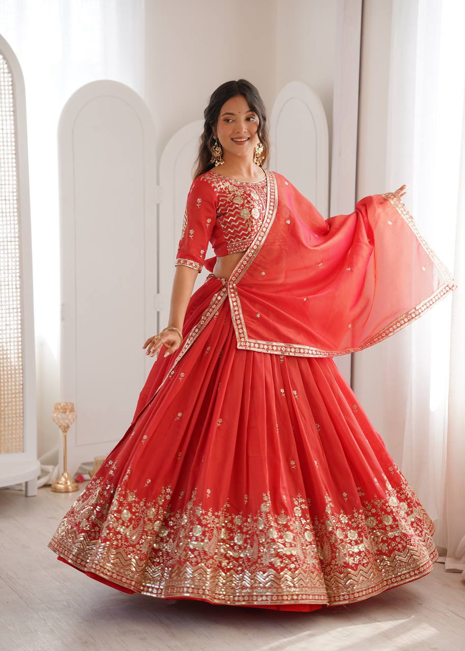 Designer Heavy Shimmer Silk Lehenga Set with Threadwork & Sequence Detailing