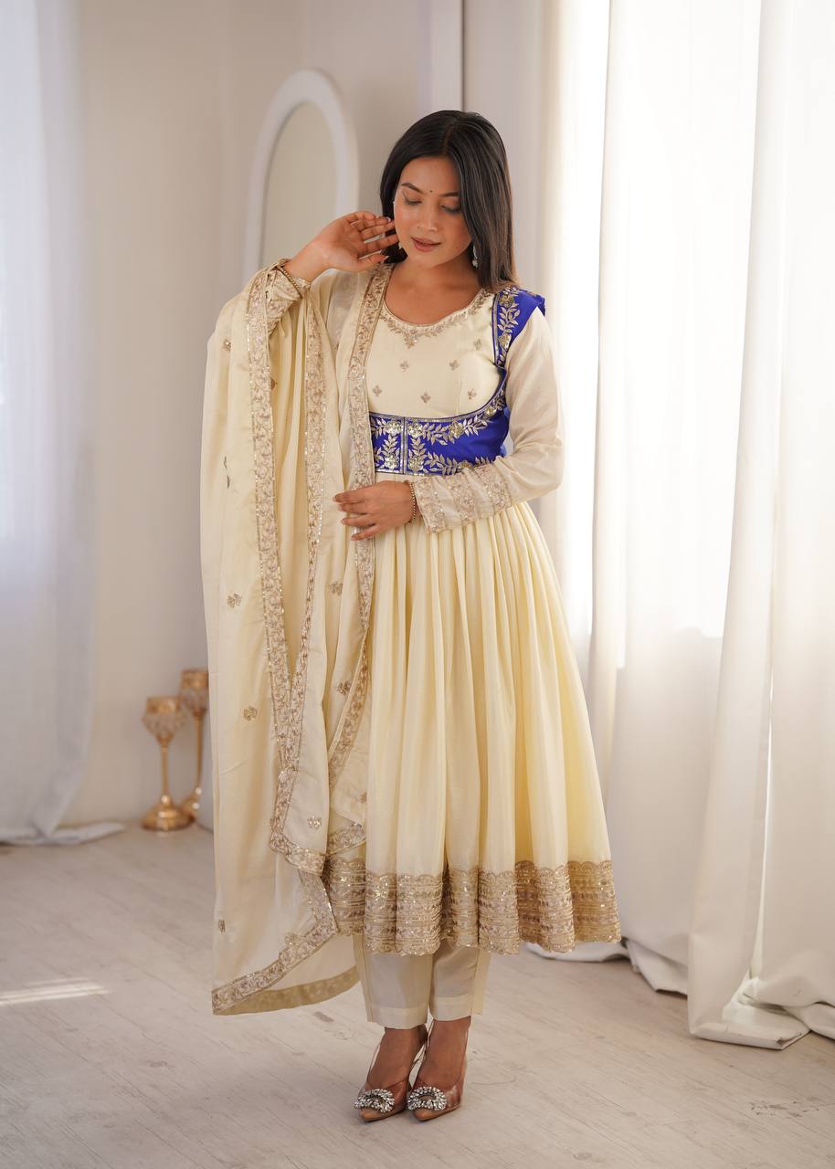 Cream Chinon Silk Anarkali Suit with Embroidered Koti & Dupatta