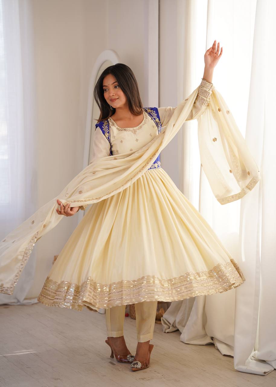 Cream Chinon Silk Anarkali Suit with Embroidered Koti & Dupatta