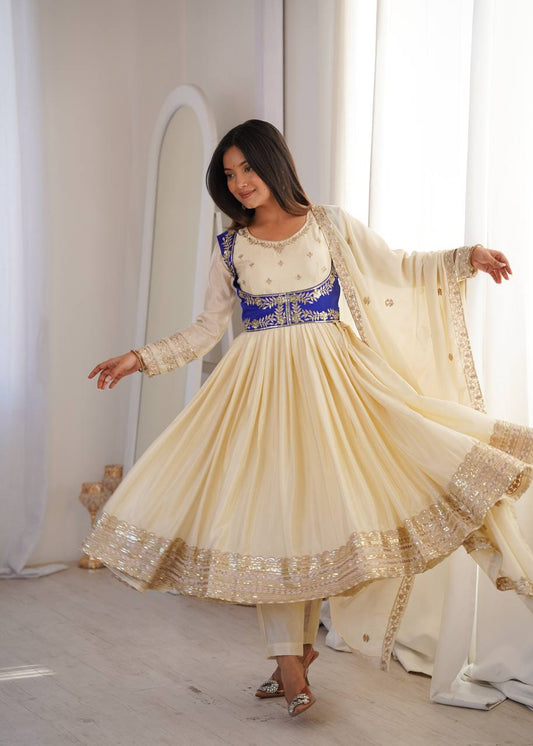 Cream Chinon Silk Anarkali Suit with Embroidered Koti & Dupatta