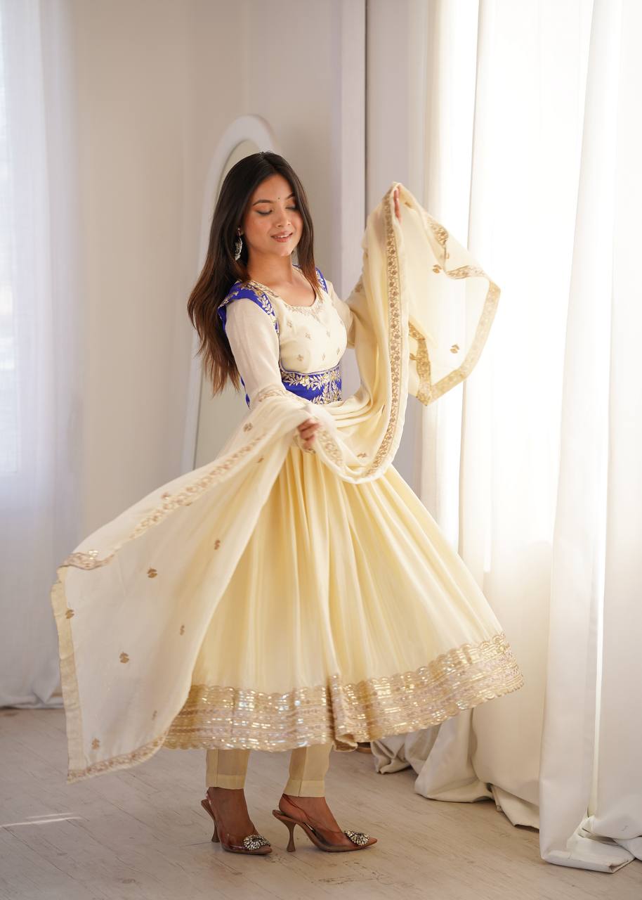 Cream Chinon Silk Anarkali Suit with Embroidered Koti & Dupatta