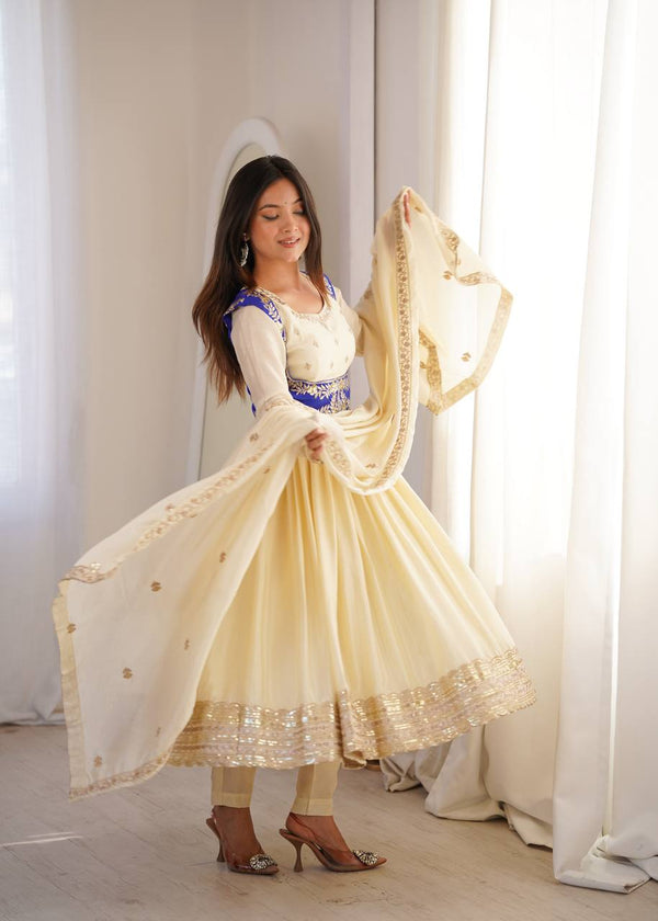 Cream Chinon Silk Anarkali Suit with Embroidered Koti & Dupatta