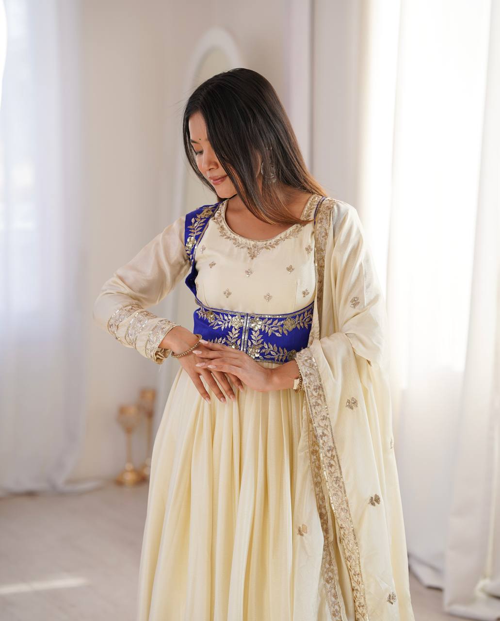 Cream Chinon Silk Anarkali Suit with Embroidered Koti & Dupatta