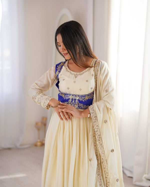 Cream Chinon Silk Anarkali Suit with Embroidered Koti & Dupatta