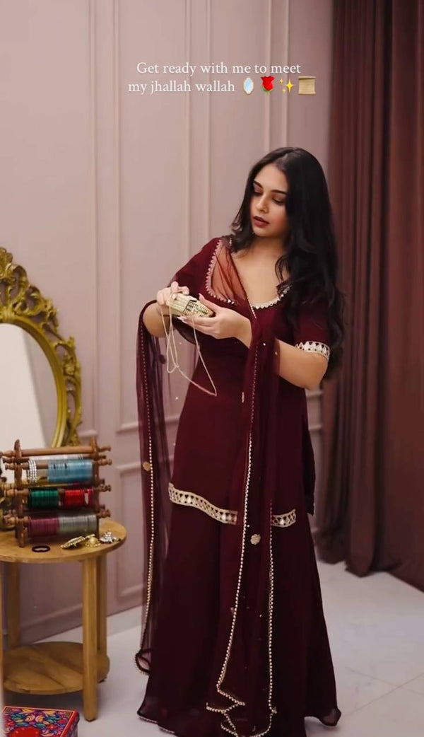 Heavy Faux Georgette Mirror Work Suit Set with Soft Net Dupatta