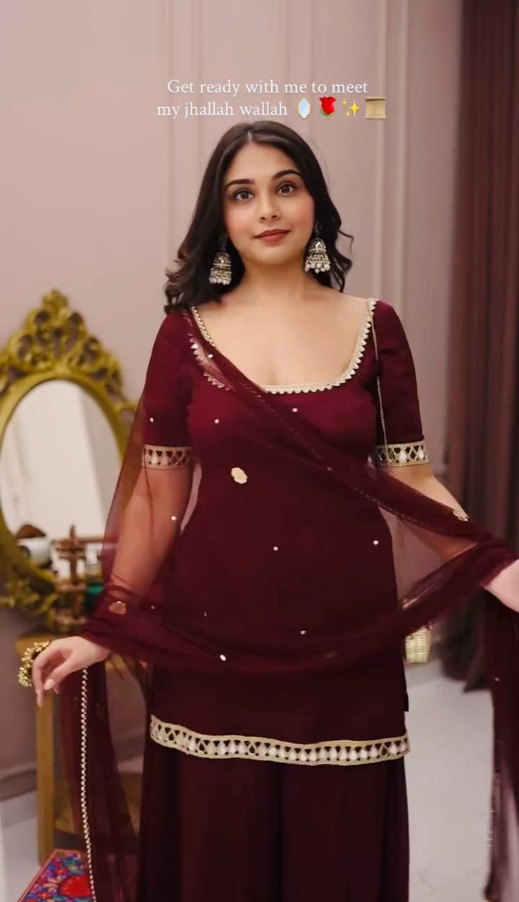 Heavy Faux Georgette Mirror Work Suit Set with Soft Net Dupatta