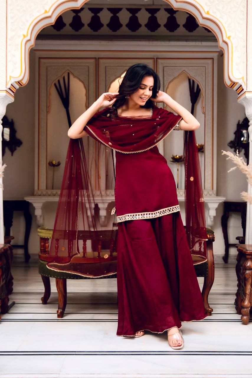 Heavy Faux Georgette Mirror Work Suit Set with Soft Net Dupatta