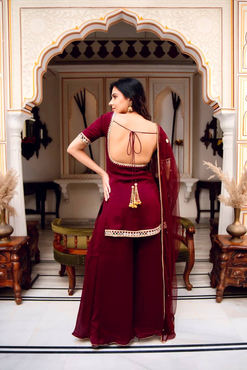 Heavy Faux Georgette Mirror Work Suit Set with Soft Net Dupatta