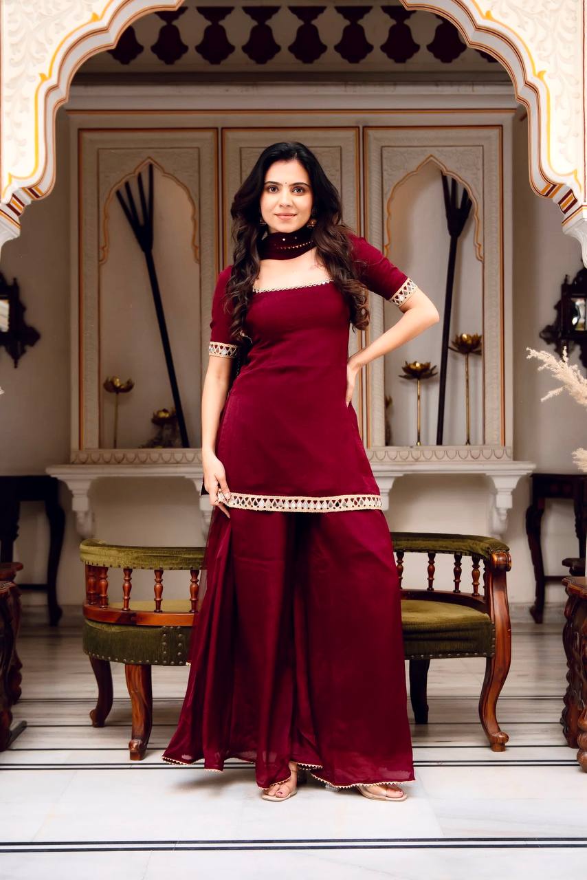 Heavy Faux Georgette Mirror Work Suit Set with Soft Net Dupatta
