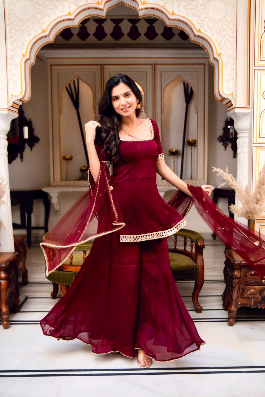 Heavy Faux Georgette Mirror Work Suit Set with Soft Net Dupatta