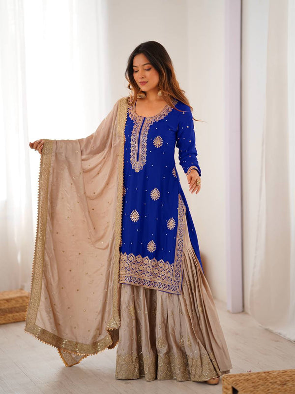 Designer Chinon Silk Embroidered Kurta Sharara Set with Dupatta