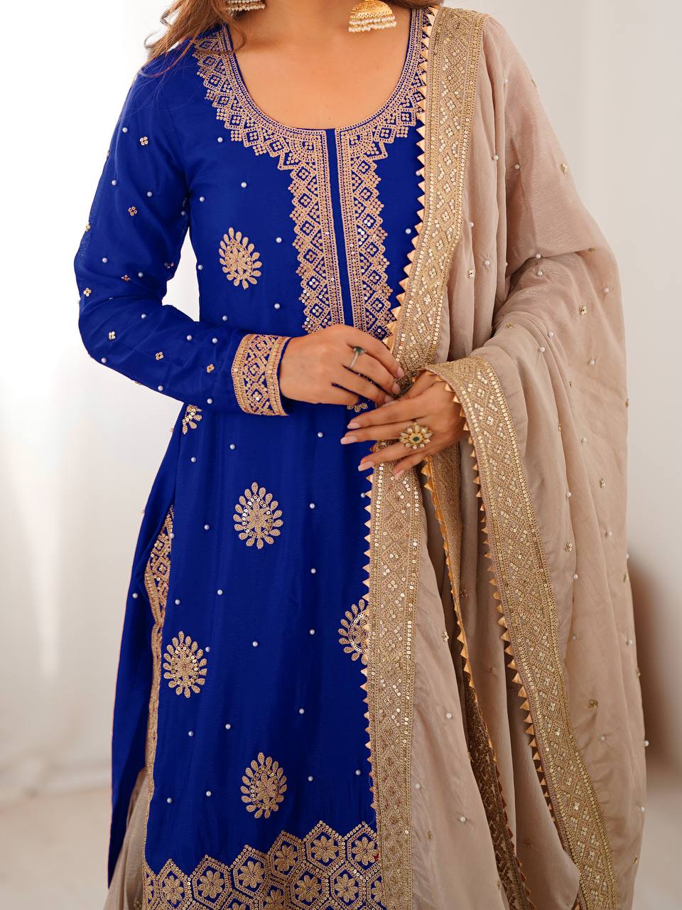 Designer Chinon Silk Embroidered Kurta Sharara Set with Dupatta