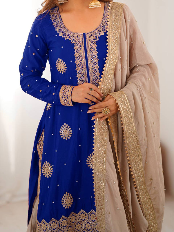 Designer Chinon Silk Embroidered Kurta Sharara Set with Dupatta
