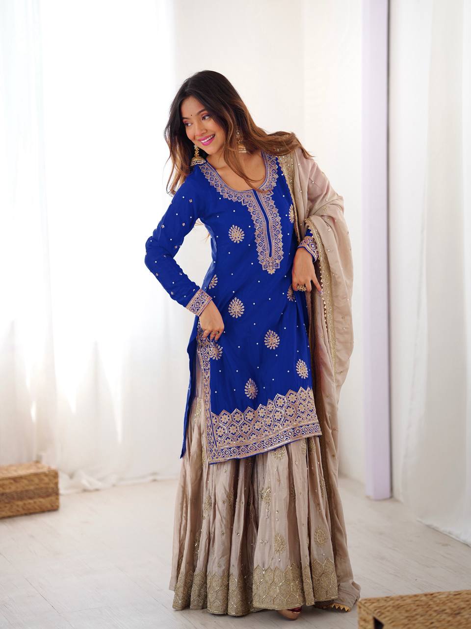 Designer Chinon Silk Embroidered Kurta Sharara Set with Dupatta