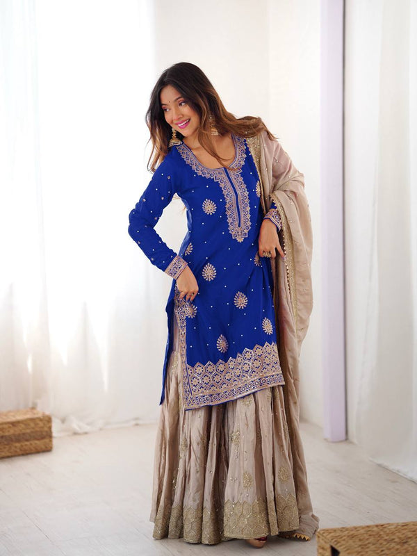 Designer Chinon Silk Embroidered Kurta Sharara Set with Dupatta