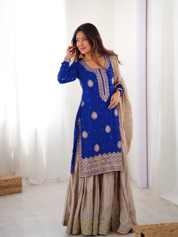 Designer Chinon Silk Embroidered Kurta Sharara Set with Dupatta
