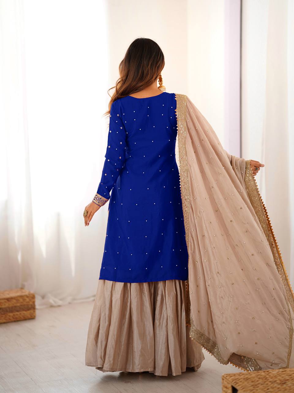 Designer Chinon Silk Embroidered Kurta Sharara Set with Dupatta