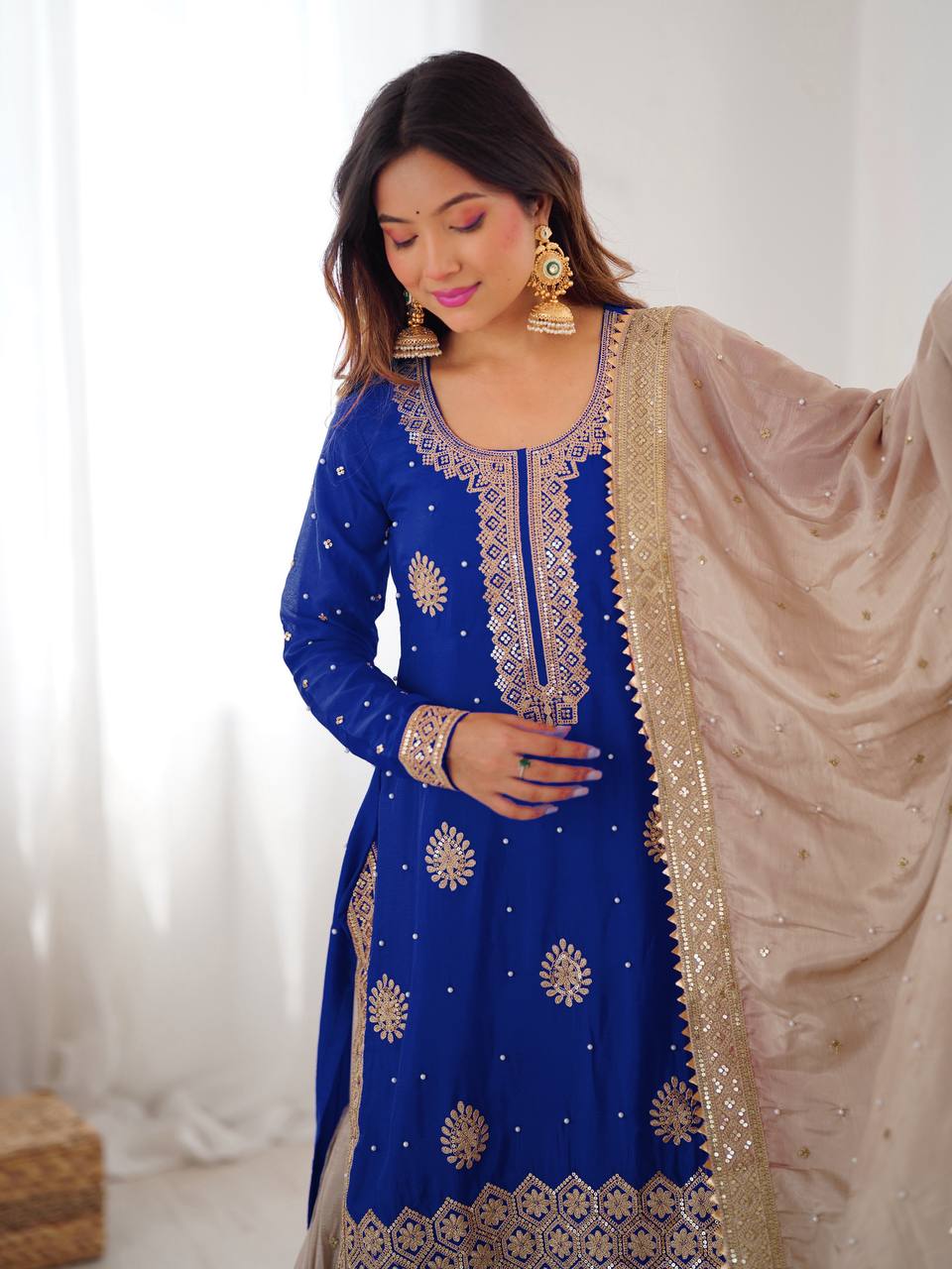 Designer Chinon Silk Embroidered Kurta Sharara Set with Dupatta