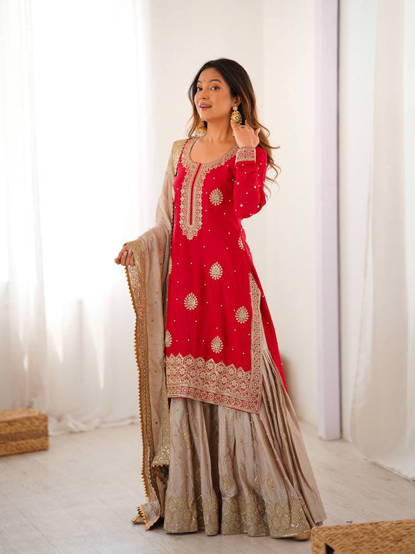Designer Chinon Silk Embroidered Kurta Sharara Set with Dupatta