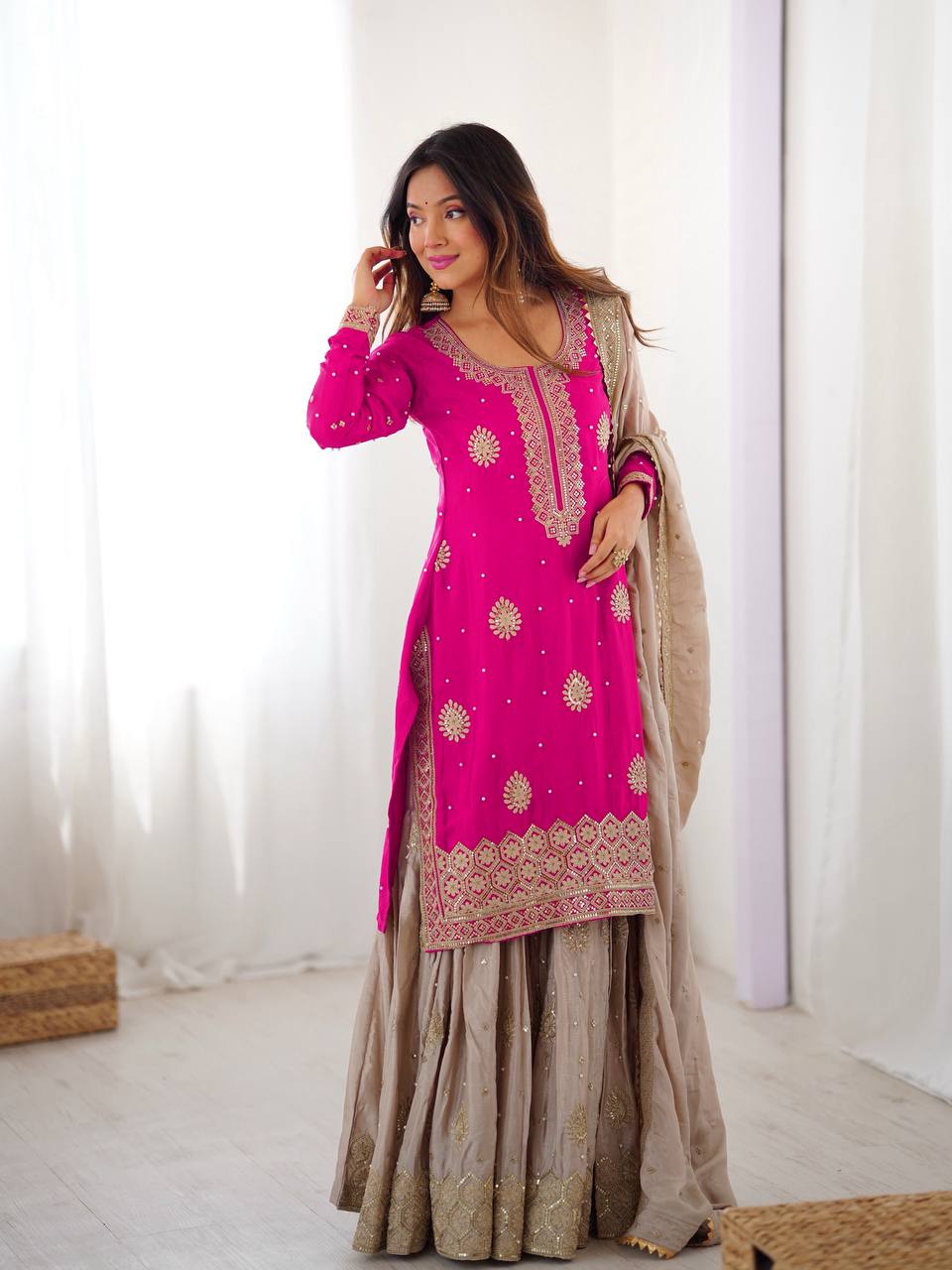 Designer Chinon Silk Embroidered Kurta Sharara Set with Dupatta