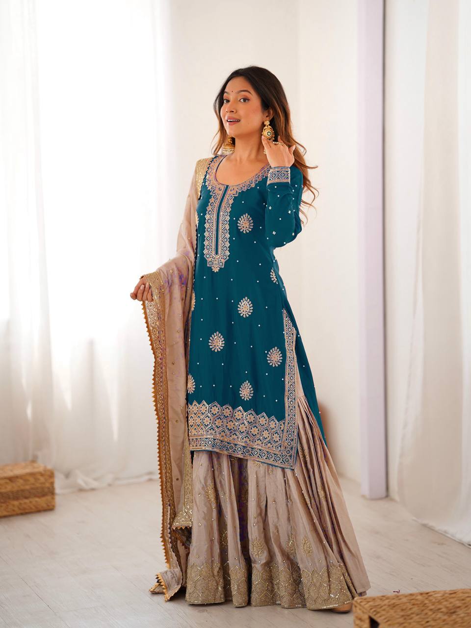 Designer Chinon Silk Embroidered Kurta Sharara Set with Dupatta
